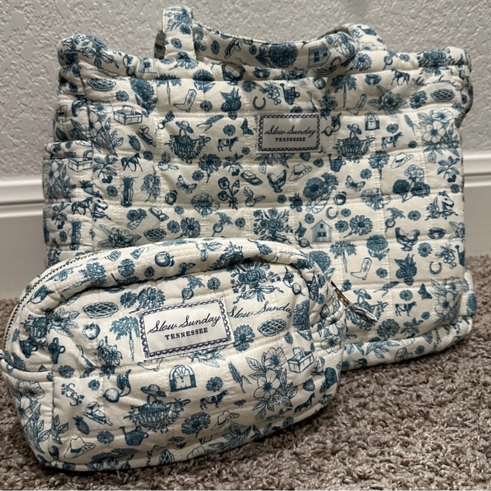 Blue and White Quilted Tote and Pouch Set
